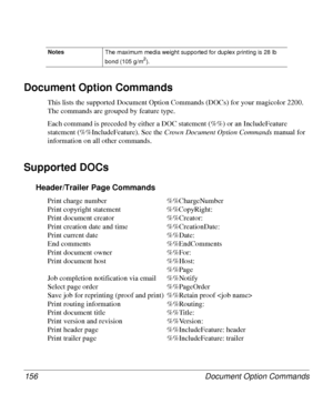 Page 156Document Option Commands 156
Document Option Commands
This lists the supported Document Option Commands (DOCs) for your magicolor 2200. 
The commands are grouped by feature type.
Each command is preceded by either a DOC statement (%%) or an IncludeFeature 
statement (%%IncludeFeature). See the Crown
 Document Option Commands 
manual for 
information on all other commands.
Supported DOCs 
Header/Trailer Page Commands 
Print charge number %%ChargeNumber
Print copyright statement %%CopyRight: 
Print...