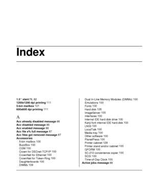 Page 161Index
1.5° slant 76, 82
1200x1200 dpi printing 111
5-bin mailbox 101
600x600 dpi printing 111
A
Acc already disabled message 86
Acc disabled message 86
Acc enabled message 86
Acc file x% full message 87
Acc files got removed message 87
Accessories
5-bin mailbox 100
BuzzBox 100
CGM 100
Crown for DECnet-TCP/IP 100
CrownNet for Ethernet 100
CrownNet for Token-Ring 100
Daughterboards 100
DIMMs 109Dual In-Line Memory Modules (DIMMs) 100
Emulations 100
Fonts 100
Hard disk 126
ImageServer 100
Interfaces 100...