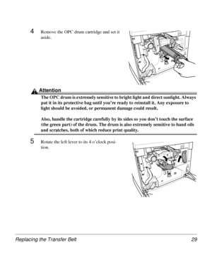 Page 29Replacing the Transfer Belt 29
4Remove the OPC drum cartridge and set it 
aside.
Attention
The OPC drum is extremely sensitive to bright light and direct sunlight. Always 
put it in its protective bag until you’re ready to reinstall it. Any exposure to 
light should be avoided, or permanent damage could result. 
Also, handle the cartridge carefully by its sides so you don’t touch the surface 
(the green part) of the drum. The drum is also extremely sensitive to hand oils 
and scratches, both of which...