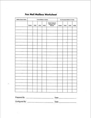 Page 127Fax Mail Mailbox Worksheet 
Default Telephone 
Number for Fax 
Prepared By: 
Date: 
Configured By: 
Date:  