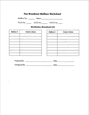 Page 130Fax Broadcast Mailbox Worksheet 
Mailbox No: 
Name: 
FCOS No: LCOS No: NCOS No: 
Distribution (Broadcast) list 
1 Mailbox # 1 Owner’s Name 1 Mailbox # 1 Owner’s Name 
I 
Prepared By: 
Configured By: Date: 
Date:  