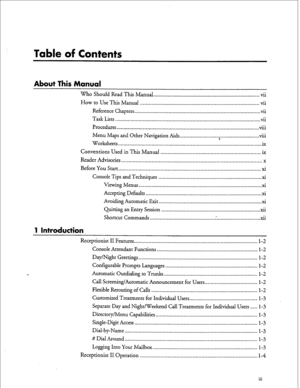 Page 141Table of Contents 
About This Manual 
Who Should Read This Manual.. ...................................................................... vii 
How to Use This Manual ................................................................................. vii 
Reference Chapters.. ..................................................................................... ..vi i 
Task Lists ....................................................................................................... vii 
Procedures 
......