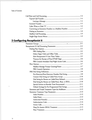 Page 142Table of Contents 
Call Flow and Call Processing .......................................................................... l-4 
Typical Call Transfer.. .................................................................................. l-4 
Leaving a Message ................................................................................ 1-4 
Screened Transfer ......................................................................................... l-5 
Caller Waits or Dials “0”...