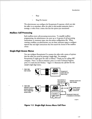 Page 159Introduction 
Ring No Answer 
The administrator can configure the Receptionist II response, which can take 
the caller to an attendant, allow the caller to dial another extension, leave a 
message, or select from a menu that lists the options just mentioned. 
Mailbox Call Processing 
Each mailbox stores call processing instructions. To simplify mailbox 
programming, the administrator can enter up to 16 groups of call processing 
instructions, or treatment types, into the system configuration file. When...