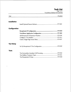 Page 181Task list 
Page 1 of 1 
VoiceMemo Release 6.OA and later 
Task Procedure 
Installation 
Install Optional Feature Software . . . . . . . . . . . . . . . . . . . . . . . . . . . . . . . . . . . . . . . . . . . . . . . . . . . . . . . . . . . . . CP 5402 
Configuration 
Receptionist II Configuration ............................................................. Cl’ 6535 
VoiceMemo Application Configuration ............................ ..ue .............. CP 3301 
Add Receptionist II Extension Numbers...