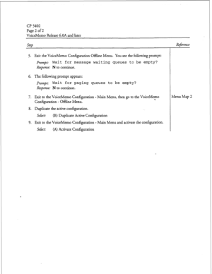 Page 190CP 5402 
Page 2 of 2 
VoiceMemo Release 6.OA and later 
5. Exit the VoiceMemo Configuration Offline Menu. You see the following prompt: 
Prompt: Wait for message waiting queues to be empty? 
Response: N to continue. 
6. The following prompt appears: 
Prompt: Wait for paging queues to be empty? 
Response: N to continue. 
7. Exit to the VoiceMemo Configuration - Main Menu, then go to the VoiceMemo 
Configuration - Offline Menu. 9 
8. Duplicate the active configuration. 
Select: 
(B) Duplicate Active...