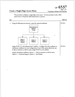 Page 200CP 6537 
Pagelofl 
VoiceMemo Release G.OA and later 
This procedure configures a single-digit access menu. Use this procedure to give callers 
quick access to frequently-called departments or persons. 
step 
Reference 
1. Using the following tree structure, create the required mailboxes. 
Administrator’s 
Option 1 
Mailbox 
(Chain) Option 2 
Mailbox Option 3 
Mailbox 
I 1 1 
L -I 
Assign FCOS 15 to the administrator’s mailbox. Configure the other mailboxes as 
subordinate mailboxes in a tree...