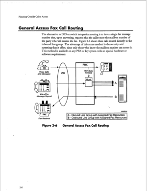 Page 27Planning Outside Caller Access 
General Access Fax Call Routing 
The alternative to DID or switch integration routing is to have a single fax message 
number that, upon answering, requests that the caller enter the mailbox number of 
the party who will receive the fax. 
Figure 2-6 shows these calls routed directly to the 
inbound line group. The advantage of this access method is the security arid 
screening that it offers, since only those who know the mailbox number can access it. 
This method is...