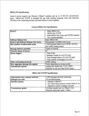 Page 278MESA-Net Specifications 
Series 6 servers support one Ethernet 1OBaseT interface and up to 32 WS-232 asynchronous 
ports. MESA-Net TCP/IP is intended for use with existing corporate wide area networks 
(WANs) or for connecting several collocated Series 6 severs together. 
General MESA-Net Specifications 
- MESA-Net TCP/‘IP 
- Both MESA-Net Async and TCP/IP (requires 
MESA-Net TCP/IP Specifications 
ork connect Series 6 via 
I 
Page 36  