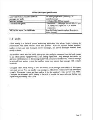 Page 279MESA-Net Async Specifications 
Approximate max. number network 
messages per node 
Interface options 
Transmission speeds 300 messages per hour (assuming: 30 
seconds/message 
- 16 links of RS-232 per module 
- Maximum 57.6 kbps per link via RS-232 
port 
- 28.8 kbps, full duplex via V.34 modem 
connection 
MESA-Net Async Parallel Links 8 parallel links (max throughput depends on 
Series 6 model1 
11.2 AMIS 
AMIS Analog is a Series 6 system networking application that allows Series 6 systems to...