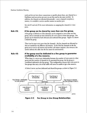 Page 31Hardware Installation Planning 
cards and do not have direct connections to specific phone lines, any channel on a 
FaxMemo card 
can service any port on any line card in the same module. In 
addition, fax channels are allocated dynamically - once a channel completes a 
session, it is available to service another session on another port. 
See rule #2 and rule #3 for more information on assigning fax channels to voice 
ports. 
Rule #2: A fax group can be shared by more than one line group. 
A fax group (a...