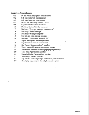 Page 306051 
082 
083 
097 
098 
131 
133 
136 
138 
140 
146 
157 
159 
176 
202 
208 
209 
210 
211 
242 
247 Do not switch language for outside callers 
Soft play (interrupt) message count 
Soft play (interrupt) most prompts 
Do not say “I will ring “ in AR 
Say “Press 0” to caller before beep 
Don’t say limits of liability statement 
Don’t say: “You may start your message now” 
Don’t say: “End of message” 
Don’t say: “Message complete” 
Say full date when playing messages 
Don’t say “VoiceMemo storage is...