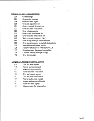 Page 310Cateporv 12: Give Messages Features 
024 
086 
018 
025 
026 
027 
028 
033 
035 
061 
084 
085 
110 
126 
157 
158 
192 Give messages 
Give receipt message : 
Give and mark urgent 
Give and request receipt 
Give to multiple destinations 
Give and mark confidential 
Give with comments 
Give to user distribution list 
Give to master distribution list 
Wait to record (timeout = # key) 
Give receipt message with comments 
Give receipt message to multiple destinations 
Make/Give to telephone number...