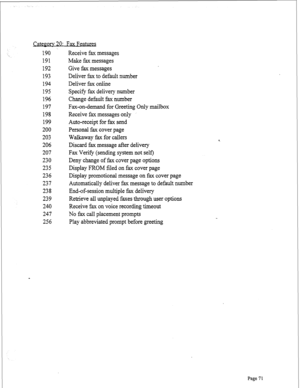 Page 313morv 20: Fax Features 
190 
191 
192 
193 
194 
195 
196 
197 
198 
199 
200 
203 
206 
207 
230 
235 
236 
237 
238 
239 
240 
247 
256 Receive fax messages 
Make fax messages 
Give fax messages 
Deliver fax to default number 
Deliver fax online 
Specify fax delivery number 
Change default fax number 
Fax-on-demand for Greeting Only mailbox 
Receive fax messages only 
Auto-receipt for fax send 
Personal fax cover page 
Walkaway fax for callers 
Discard fax message after delivery 
Fax Verify (sending...