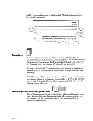 Page 7quickly. No particular sequence of tasks is implied. The following example shows 
how a task list is organized: 
Task List 
VoiceMemo Release &On&d later 
Message Delivery Catiguration- 
Procedures 
Procedures follow the task list in the Reference chapter. Follow the steps in 
Centigram Procedures (G’s) to accomplish the desired tasks. Readers familiar with a 
Centigram Series G server can use the CPs as a checklist if desired, while readers new 
to a Centigram Series 6 server can use CPs for...