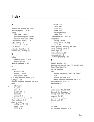 Page 182Index
Aactivating new software, Cl? 7025add.disk Cl? 6282
program,
adding
hard disks, CP 6282phoneline exception, CP 7022
redundant hard disks, CP 6281GCOS, 1-17
LCOS, 1-17
NCOS, 1-17
RCOS, 1-17
restoring, Cl? 5413
TCOS, 1-17
Configurable Data Link, 
l- 16
configuration
Administrator’s mailbox, l-l 8
AMIS Analog, 1-15
Attendant mailbox, l- 18
Auto Wakeup, 1 
- 14
Automated Dispatch, 
l- 16
automatic exit, avoiding, xivnaming, CP 7004
viewing names, CP 70%connectors, A-2
console passcode, recovering, CP...