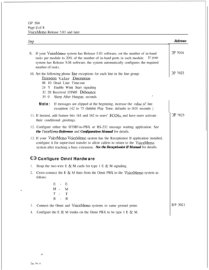 Page 234GP 504
Page 2 of 8VoiceMemo Release 5.03 and later
step
9.If your VoiceMemo system has Release 5.03 software, set the number of in-band
tasks per module to 20% of the number of in-band ports in each module.If your
system has Release 5.04 software, the system automatically configures the required
number of tasks.
10. Set the following phone 
line exceptions for each line in the line group:
Excention Value Descriution08 10 Dead Line Time-out
24 YEnable Wink Start signaling
32 20 Received DTMF 
Debounce35...