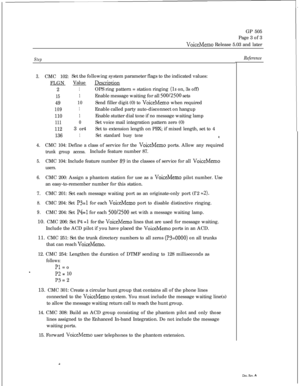 Page 243GP 505
Page 3 of 3VoiceMemo Release 5.03 and later
Step
3.CMC 102:
FLGN
2
15
49
109
110
111
112
136Set the following system parameter flags to the indicated values:
Value
Descrintion
1OPS ring pattern = station ringing (1s on, 3s off)
1Enable message waiting for all 500/2500 sets
10Send filler digit (0) to VoiceMemo when required
1Enable called party auto-disconnect on hangup
1Enable stutter dial tone if no message waiting lamp
0Set voice mail integration pattern zero (0)
3 or4Set to extension length on...