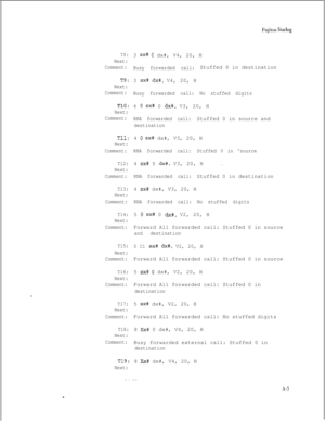 Page 276Fujitsu Starlog
T8:
Next:
Comment:
T9:
Next:
Comment:
TlO:
Next:
Comment:
Tll:
Next:
Comment:
T12:
Next:
Comment:
T13:
Next:
Comment:
T14:
Next:
Comment:
T15:
Next:
Comment:
T16:
Next:
Comment:
T17:
Next:
Comment:
T18:
Next:
Comment:
T19:
Next:3 
sx# 0 dx#, V4, 20, H
Busy forwarded call:Stuffed 0 in destination
3 
sx# dx#, V4, 20, H
Busy forwarded call: No stuffed digits4 
0 sx# 0 dx#, V3, 20, H
RNA forwarded call:Stuffed 0 in source and
destination4 
0 sx# dx#, V3, 20, H
RNA forwarded call:Stuffed 0 in...