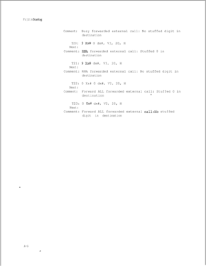 Page 277Fujitsu Starlog
Comment:Busy forwarded external call: No stuffed digit in
destination
T20:
9 Xx# 0 dx#, V3, 20, H
Next:Comment: 
RNA forwarded external call: Stuffed 0 in
destinationT21: 
9 Xx# dx#, V3, 20, H
Next:Comment: RNA forwarded external call: No stuffed digit in
destinationT22: 0 Xx# 0 dx#, V2, 20, H
Next:
Comment:Forward ALL forwarded external call: Stuffed 0 in
destination*.T23: 0 
Xx# dx#, V2, 20, H
Next:Comment: Forward ALL forwarded external 
call:No stuffed
digit in destination
A-G 