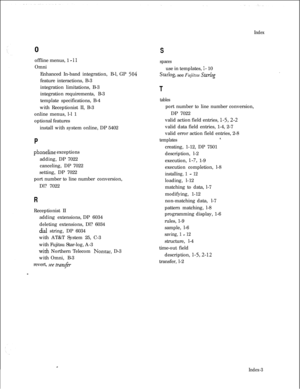 Page 2950Index
Soffline menus, 1 
- 11Omni
Enhanced In-band integration, B-l, GP 
504feature interactions, B-3
integration limitations, B-3
integration requirements, B-3
template specifications, B-4
with Receptionist II, B-3
online menus, l-l 1
optional features
install with system online, DP 5402
P
phoneline exceptions
adding, DP 7022
canceling, DP 7022
setting, DP 7022
port number to line number conversion,
Dl? 7022
RReceptionist II
adding extensions, DP 6034
deleting extensions, Dl? 6034
dial string, DP 6034...