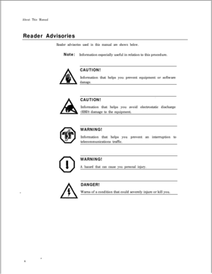 Page 304About This Manual
Reader Advisories
Reader advisories used in this manual are shown below.
Note:Information especially useful in relation to this procedure.
CAUTION!Information that helps you prevent equipment or software
damage.
A
@
0
I0
A5
CAUTION!. .Information that helps you avoid electrostatic discharge
(ESD) damage to the equipment.
WARNING!Information that helps you prevent an interruption to
telecommunications traffic.
WARNING!
A hazard that can cause you personal injury.
DANGER!Warns of a...