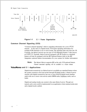 Page 309El Digital Trunk ConnectivityTime Slot012315 16 17 \ \30 31
Voice Channel
Bits 1 
- 8
Framing &
Error Checking
Bits
1516ss7
Common
Channel
Signaling29 30:
Bits
249 - 256
557121 .EPS
Figure 1-1E 1 Frame Organization*.
Common Channel Signaling (CCS)-.“Common channel signaling” refers to signaling information for a set of 
KM
channels.In the case of a digital trunk, CCS carries signaling information for
multiple PCM channels in one or more trunks. The signaling data uses time slot 16.
Currently, the Series...