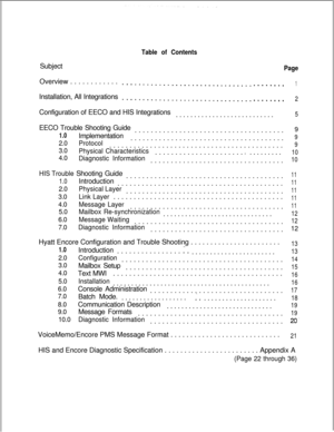 Page 357Table of ContentsSubject
Overview . . . . . . . . . . . .
Installation, All Integrations
........................................
........................................
PageConfiguration of EECO and HIS Integrations
...........................
EECO Trouble Shooting Guide
.....................................
1.0
2.0
3.0
4.0
HIS Trouble
1.0
2.0
3.0
4.0
5.0
6.0
7.0Implementation
......................................
Protocol...........................................
Physical...