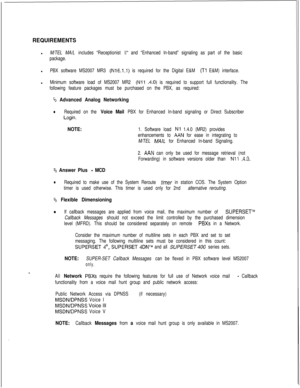 Page 444., .  .
REQUIREMENTSl
M/TEL MA/L includes “Receptionist II” and “Enhanced In-band” signaling as part of the basic
package.l
PBX software MS2007 MR3 (N16.1.1) is required for the Digital E&M (Tl E&M) interface.l
Minimum software load of MS2007 MR2 (Nil .4.0) is required to support full functionality. The
following feature packages must be purchased on the PBX, as required:
B Advanced Analog Networking
.Required on the Voice Mail PBX for Enhanced In-band signaling or Direct Subscriber
Login.
NOTE:1....