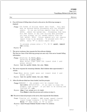 Page 80CP 6263Page 3 of 5
VoiceMemo Release 6.OA and later
Step
6.If an old format of billing data is found on the server, the following message is
displayed:
Prompt: Old format of billing report data found.
This data
must be deleted before proceeding with the software
update.To run any billing reports from the last
gather,reboot the system now.Proceeding from here
will NOT result in any lost billing data provided
you have already run all needed reports from the
last gather. Note:
Future updates will not...