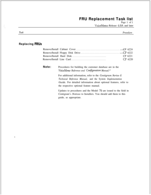 Page 98; :\.
FRU Replacement Task list
Page 1 of 1
VoiceMemo Release 6.OA and later
Task
Procedure
Replacing FRUsRemove/Install Cabinet Cover
. . . . . . . . . . . . . . . . . . . . . . . . . . . . . . . . . . . . . . . . . . . . . . . . . . . . . . . . . . . . . ..-...CP 6224
Remove/Install Floppy Disk Drive
. . . . . . . . . . . . . . . . . . . . . . . . . . . . . . . . . . . . . . . . . . . . . . . . . . . . . . ..-...Cl? 6222
Remove/Install Hard Disk
. . . . . . . . . . . . . . . . . . . . . . . . . . . . ....