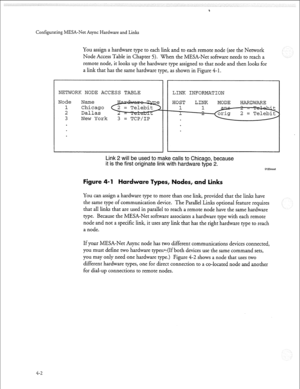 Page 113Configurating MESA-Net Async Hardware and Links 
4-2 
You assign a hardware type to each link and to each remote node (see the Network 
Node Access Table in Chapter 5). When the MESA-Net software needs to reach a 
remote node, it looks up the hardware type assigned to that node and then looks for 
a link that has the same hardware type, as shown in Figure 4-I. 
NETWORK NODE ACCESS TABLE 
LINK INFORMATION 
Link 2 will be used to make calls to Chicago, because 
it is the first originate link with hardware...