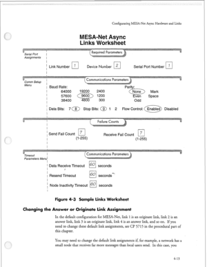 Page 124Configurating MESA-Net Async Hardware and Links 
Assignments 1 
I 
1 Link Number 
I 
Device Number Serial Port Number I q 
I 
57600 
I a 1200 
I 38400 4800 300 
/ Data Bits: 7a Stop Bits: a 1 2 
I Even 
Odd Space 
I 
1 Send Fail Count 
Receive Fail Count 
q 7 
I (l-255) 
(l-255) 
I 
1 Data Receive Timeout 
i 
i Resend Timeout 
q 60 seconds-“’ 
I 
1 Node Inactivity Timeout 6o seconds 
cl 
I 
igure 4-3 Sample Links o&sheet 
hanging the Answer or riginate link Assignment 
In the default configuration for...