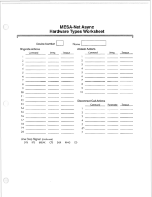 Page 128Device Number 
cl Name jI 
Answer Actions 
String Timeout Command String Timeout 
Originate Actions 
Command 
1 
2 
3 
4 
5 
4 
7 
8 
9 
10 
11 
12 
13 
14 
15 
16 
17 
18 
19 
20 6 
7 
9 
10 
Disconnect Call Actions 
Command 
1 
2 Parameter Timeout 
i 5 
“u 
6. 
7 
Line Drop Signal (circle one) 
DTR RTS BREAK CTS DSR RING CD  
