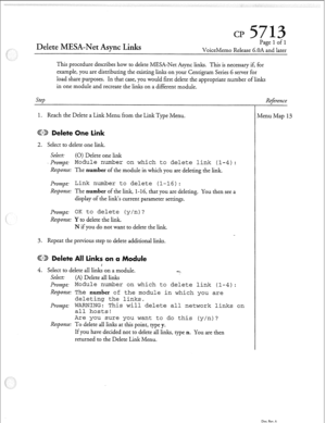 Page 140r 
elete MESA-Net Async Links 
Page 1 of 1 
VoiceMemo Release G.OA and later 
This procedure describes how to delete MESA-Net Async links. This is necessary if, for 
example, you are distributing the existing links on your Centigram Series 6 server for 
load share purposes. In that case, you would first delete the appropriate number of links 
in one module and recreate the links on a different module. - - - 
Step 
1. Reach the Delete a Link Menu from the Link Type Menu. 
2. Select to delete one link....