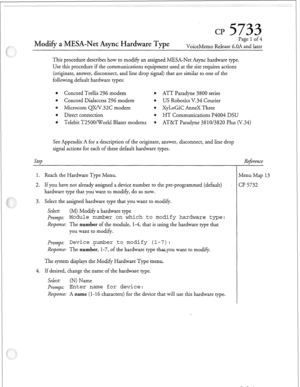 Page 148Cl? 
Modify a MESA-Net Async Hardware Type 
Page 1 of 4 
VoiceMemo Release 6.OA and later 
This procedure describes how to modify an assigned MESA-Net Async hardware type. 
Use this procedure if the communications equipment used at the site requires actions 
(originate, answer, disconnect, and line drop signal) that are similar to one of the 
following default hardware types: 
0 Concord Trellis 296 modem @ ATT Paradyne 3800 series 
@ Concord Dialaccess 296 modem 0 US Robotics V.34 Courier 
Microcom...