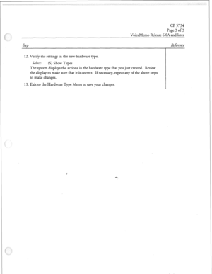 Page 154cl? 5734 
Page 3 of 3 
VoiceMemo Release 6.OA and later 
Step 
12. Verify the settings in the new hardware type. 
Select: (S) Show Types 
The system displays the actions in the hardware type that you just created. Review 
the display to make sure that it is correct. If necessary, repeat any of the above steps 
to make changes. 
13. Exit to the Hardware Type Menu to save your changes. Reference 
Dot. RN. A  