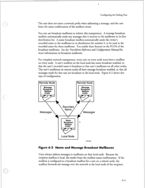 Page 184‘I 
Configuring the Dialing Plan 
The user does not enter a network pref= when addressing a message, and the user 
hears the name confirmation of the mailbox owner. 
You can use broadcast mailboxes to achieve this transparency. A message broadcast 
mailbox automatically sends any messages that it receives to the mailboxes in its first 
distribution list. A name broadcast mailbox automatically sends the owner’s 
recorded name to the mailboxes in its distribution list number 9, to be used as the 
recorded...