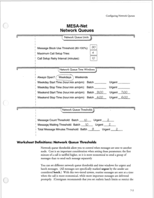 Page 202Configuring Network Queues 
1 Message Block Use Threshold (80-l 00%): 
/ go 
I Maximum Call Setup Tries: 
u 
4 
1 Call Setup Retry Interval (minutes): 
I 70 
I 
I 
I Always Open? @=I Weekends 
i Weekday Start Time (hour:min am/pm): Batch 
1 Weekday Stop Time (hour:min am/pm): Batch 
i Weekend Start Time (hour:min am/pm): Batch 9:OO 
i Weekend Stop Time (hour:min am/pm): Batch 
400 
Urgent 
Urgent 
Urgent 
7:00 
Urgent 6:00 
Message Count Threshold: Batch 10 Urgent 2 
Message Waiting Threshold: Batch 10...