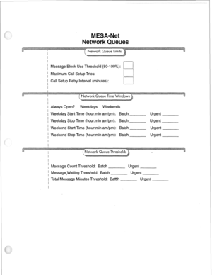 Page 206I 
[ Message Block Use Threshold (80-l 00%): 
i Maximum Call Setup Tries: 
/ 
1 Call Setup Retry Interval (minutes): 
I 
I Always Open? Weekdays Weekends 
/ Weekday Start Time (hour:min am/pm): Batch 
i Weekday Stop Time (hour:min am/pm): Batch 
i Weekend Start Time (hour:min am/pm): Batch 
i Weekend Stop Time (hour:min am/pm): Batch 
I 
I Urgent 
Urgent 
Urgent 
Urgent 
i Message Count Threshold: Batch 
1 Message,Waiting Threshold: Batch 
I Total Message Minutes Threshold: Ba Urgent 
Urgent 
Urgent  