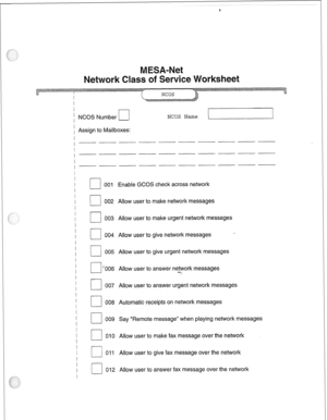 Page 222I 
I 
) NCOS Number 
Cl 
/ Assign to Mailboxes: 
NCOS Name 
l 
I 
I 
I 
I 
I 
I 
I 
I 
I 
I 
I 
I 
I 
I 
I 
I 
I 
I 
I 
I 
I 
I 
I 
I 
I 
I 
I 
I 
cl 001 Enable GCOS check across network 
r-l 002 Allow user to make network messages 
cl 003 Allow user to make urgent network messages 
q 004 Allow user to give network messages - 
G 005 Allow user to give urgent network messages 
G ‘006 Allow user to answer ne&ork messages 
cl 007 Allow user to answer urgent network messages 
El 008 Automatic receipts on...