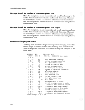 Page 233NetworkBillingand Reports 
essage length for number of remote recipients sent 
MESA-Net multiplies the amount of recorded speech in each batch message by the 
number of remote mailboxes to which the mailbox sends the message. The results 
are recorded by this counter. The number of different remote nodes is irrelevant 
here; two messages for the same remote node are equivalent to one message for two 
different remote nodes. 
Message length for number of remote recipients sent urgent 
MESA-Net multiplies...