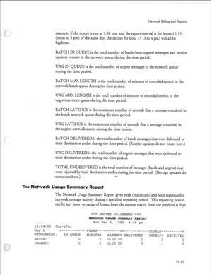 Page 240Network Billing and R< 
example, if the report is run at 3:30 pm, and the report interval is for hours 12-I 
(noon to 3 pm) of the same day, the entries for hour 
15 (3 to 4 pm) will all be 
hyphens. 
:ports 
5 
BATCH IN QUEUE is the total number of batch (non-urgent) messages and receipt 
updates present in the network queue during the time period. 
URG IN QUEUE is the total number of urgent messages in the network queue 
during the time period. 
BATCH MAX LENGTH is the total number of minutes of...