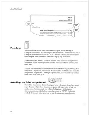 Page 291About This Manual 
rocedures 1 Page I of 1 
VoiceMemo Release 6.OA and later 
Message Delivery Configuration . . . .._.................................................... CP 3337 
Procedures follow the task list in the Reference chapter. Follow the steps in 
Centigram Procedures (Us) to accomplish the desired tasks. Readers familiar with a 
Centigram Series 6 server can use the CPs as a checklist if desired, while readers new 
to a Centigram Series 6 server can use CPs for step-by-step instructions. 
A...