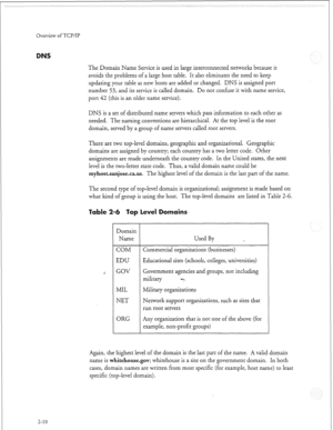 Page 305Overview of TCP/IP 
2-10 
The Domain Name Service is used in large interconnected networks because it 
avoids the problems of a large host table. It also eliminates the need to keep 
updating your table as new hosts are added or changed. DNS is assigned port 
number 53, and its service is called domain. Do not confuse it with name service, 
port 42 (this is an older name service). 
DNS is a set of distributed name servers which pass information to each other as 
needed. The naming conventions are...