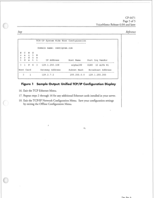 Page 336CP 6471 
Page 5 of 5 
VoiceMemo Release 6.OA and later 
Sttp 
TCP/IP System Wide Host Configuration 
------~-_-------_-___________________ 
Domain name: centigram.com 
H C M S 
o a o 1 N 
s r d o e 
td ett IP Address Host Name Port Irq Vendor 
_I____--------_-___---------------------------------------------------- 
31P 6 3 129.1.250.108 alpha199 0280 10 ALTA #l 
!Iost Card Gateway Address Subnet Mask Broadcast Address 
_c~~~_---~~__------_----~~~~----~-----~------~~---~-~~--~~~~~~--~~~~~-~ 
3 
1...