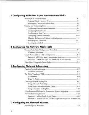 Page 59Working With Hardware Types ....................................................................... 4-l 
Assigning Default Hardware Types ............................................................. .4-3 
Modifying or Creating a Hardware Type .................................................... .4-4 
Creating and Configuring Links ..................................................................... .4-7 
Configuring Communications Parameters.. ................................................. .4-8...