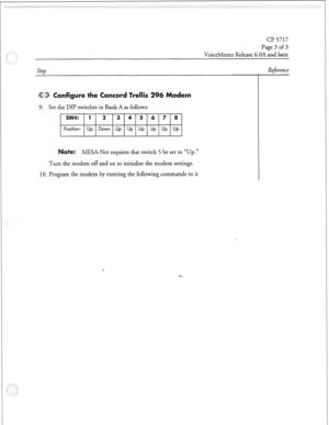 Page 78cl? 5717 
Page 3 of 3 
VoiceMemo Release 6.OA and later 
Step Rey%-ence 
onfigure the Trellis ern 
9. Set the DIP switches in Bank A as follows: 
5W#: 1 2 3 4 5 6 7 8 
Position: Up Down Up Up Up Up Up Up 
c MESA-Net requires that switch 5 be set to “Up.” 
Turn the modem off and on to initialize the modem settings. 
10. Program the modem by entering the following commands to it  