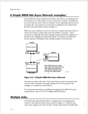 Page 91MESA-Net &nc 
-Net Async Ne ork exam 
A basic MESA-Net Async node has just two links, with which it can simultzmeously 
be connected to two other nodes via a direct connection or modems. If modems are 
used, each node must have at least two modems, one for originating calls and one for 
answering calls. One serial port on each system is configured as the originate link, 
the other as the answer link, as shown in Figure 3-3. 
When the correct conditions are met, the node uses its originate link and modem...