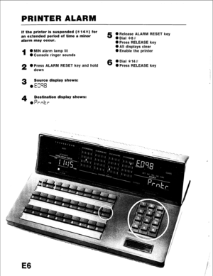 Page 102PRINTER ALARM 
If the printer is suspended (>t(k14# 
hold 0 Press RELEASE key 
3 Source display shows: 
---- 
. I= 1-i ‘-I !kl 
4 Destination display shows: 
n 
0 I’ I’ l-k I-  